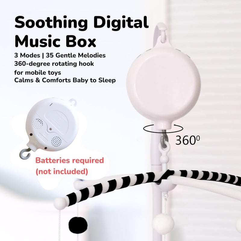 Vlokup Montessori Mobile, Black and White Baby Crib Mobile, Neutral Nursery Mobile Decoration for Pack N Play, for Baby Boy & Girl, Sun, Moon, Star, Snow, Cloud with Arm & Music Box - Image 4